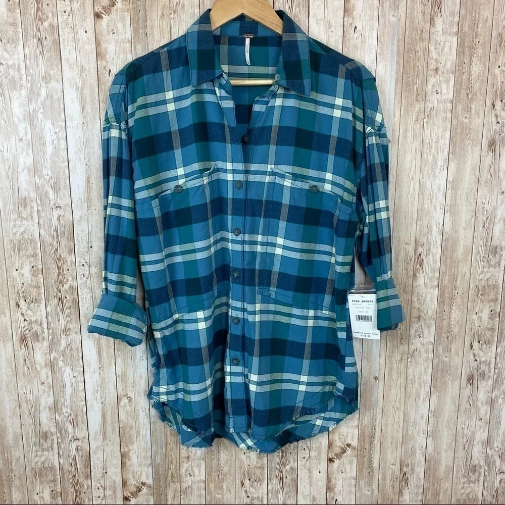Free People Loveland Plaid Long Sleeve‎ Button Front Shirt Size XS